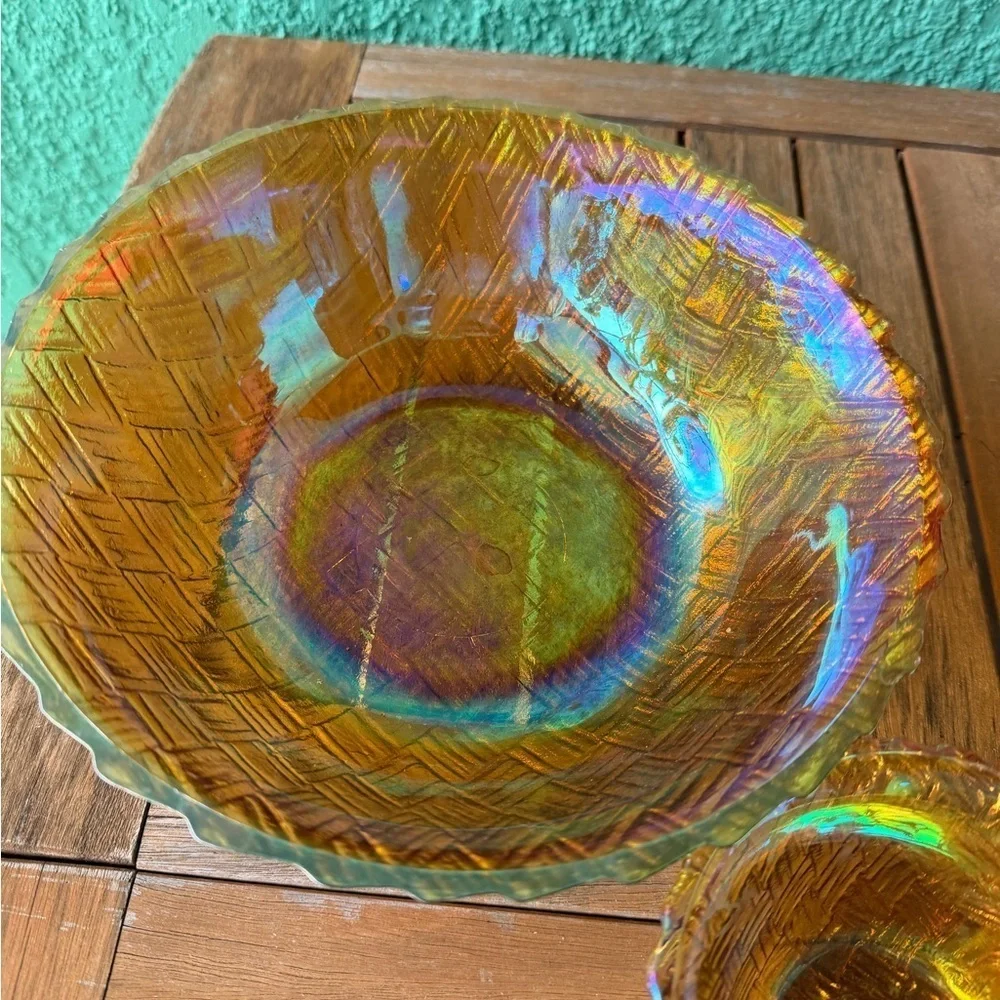 New Vintage Indiana Glass Co. Iridescent Gold Tone Glass 3-Piece Chip & Dip Set